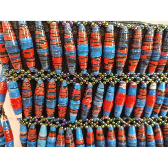 Handmade Rolled Paper Glass Bead Purse, Crossbody Torsade Africa, Red Black Blue - Picture 3 of 4